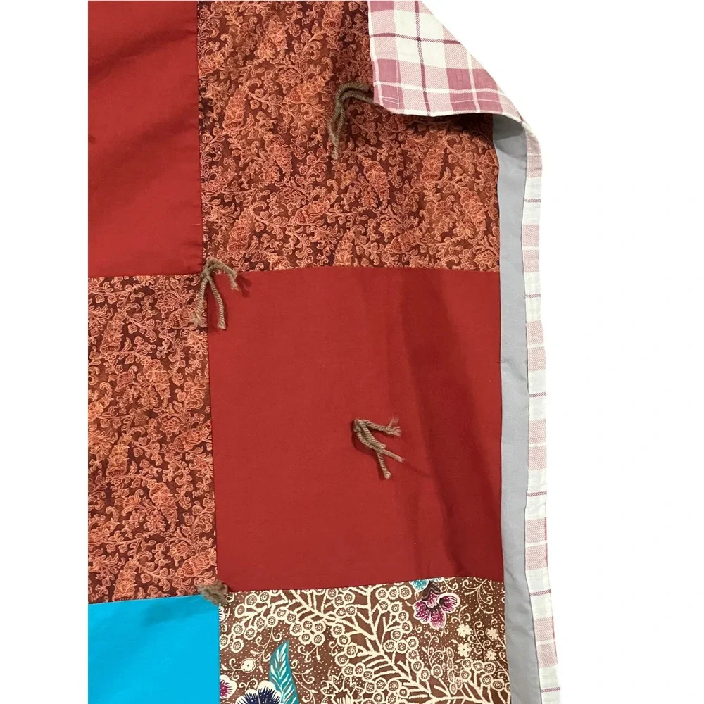 Handmade Boho Patchwork Lap Quilt 32x42 Tied Turquoise Rust Brown